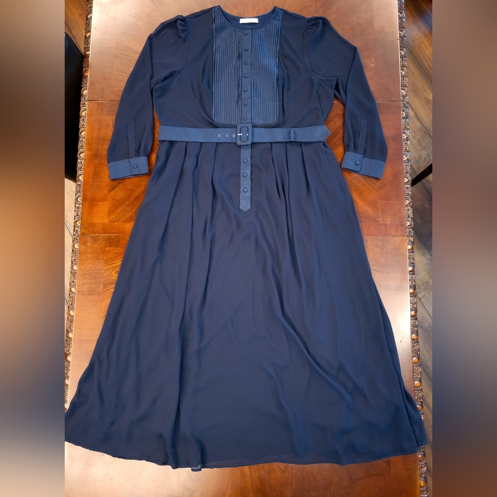 3X/24W eshakti tuxedo front sheer sleeve Navy Dress